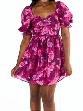Buddy Love Floral Puff Sleeve Mini Dress Smocked Burgundy Romantic Small
